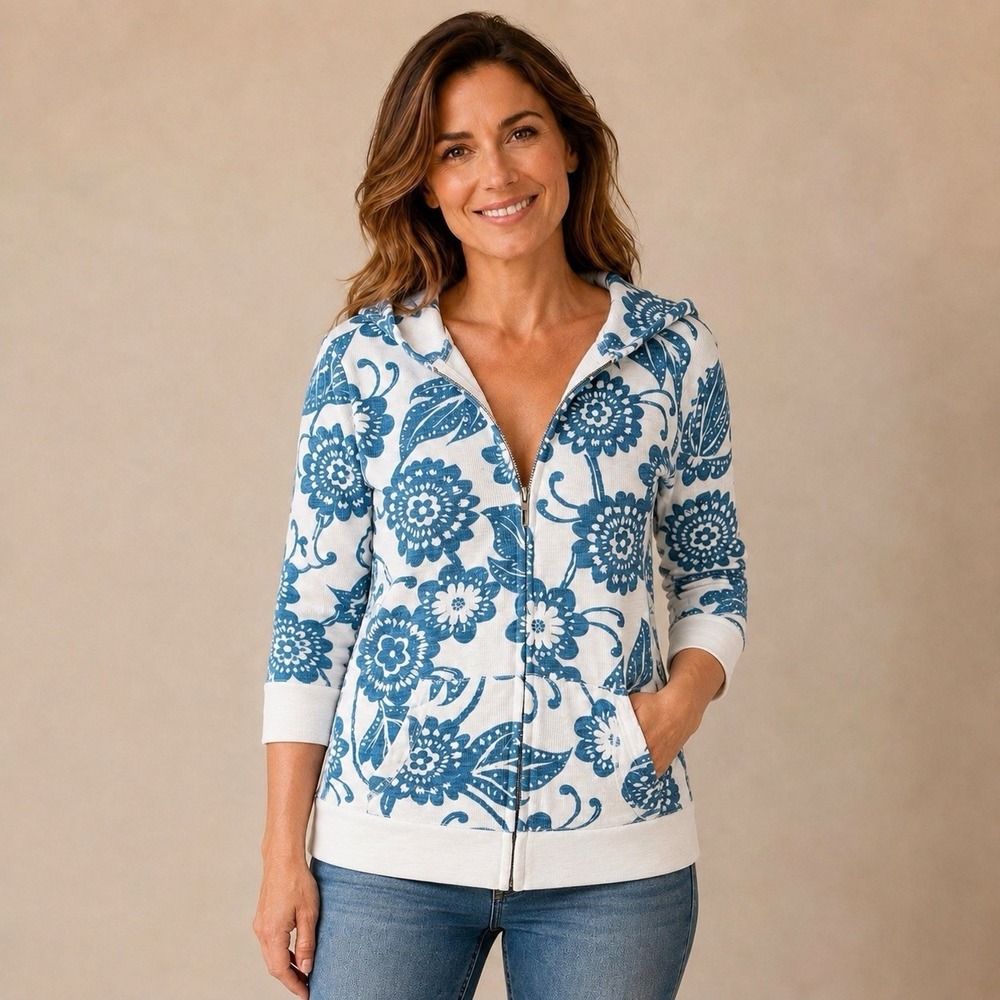 Aeropostale Womens Large White Blue Floral Waffle Knit Full Zip Hoodie Y2K